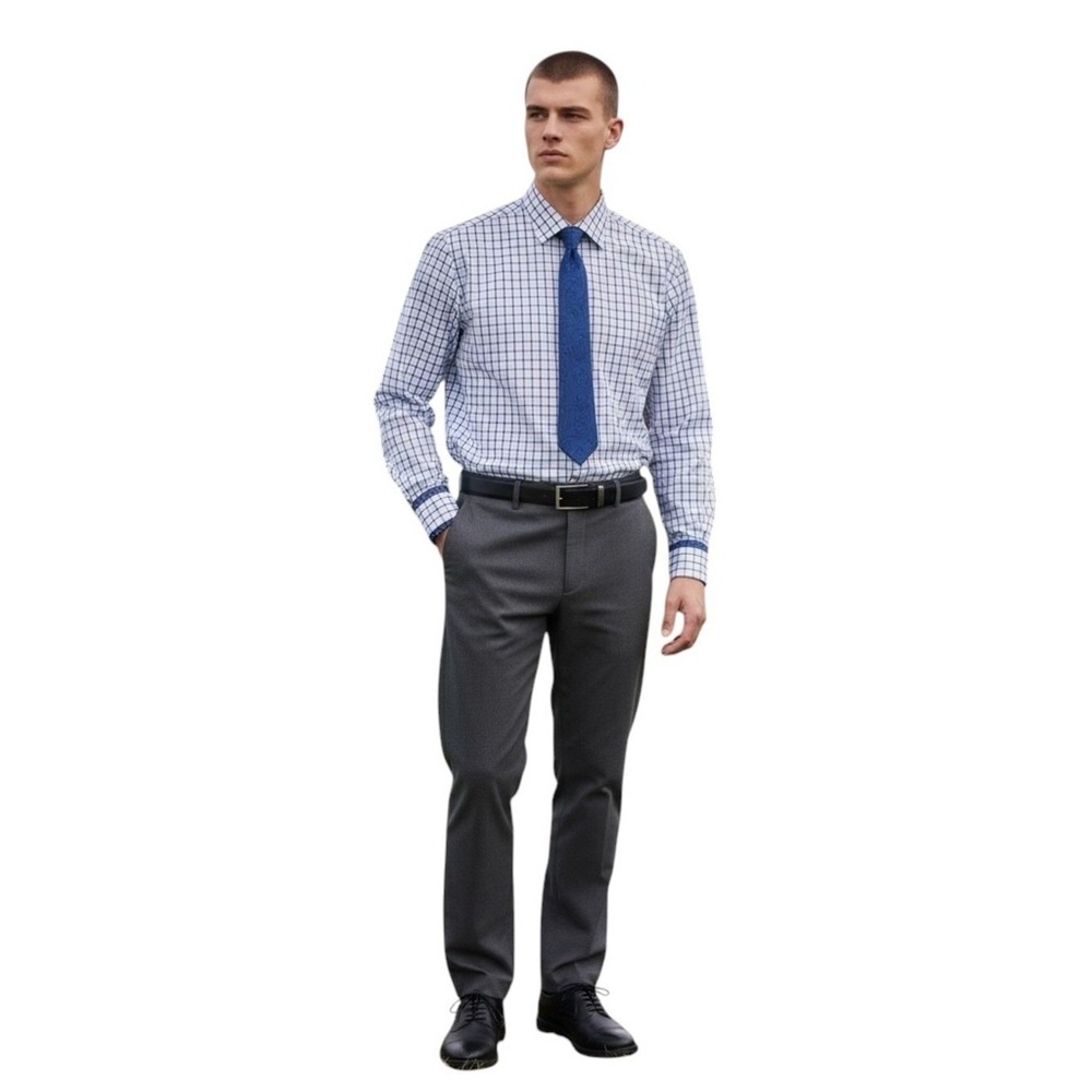 Tasso Elba Blue Windowpane Cotton Dress Shirt XL Contrast Cuff Career in EUC